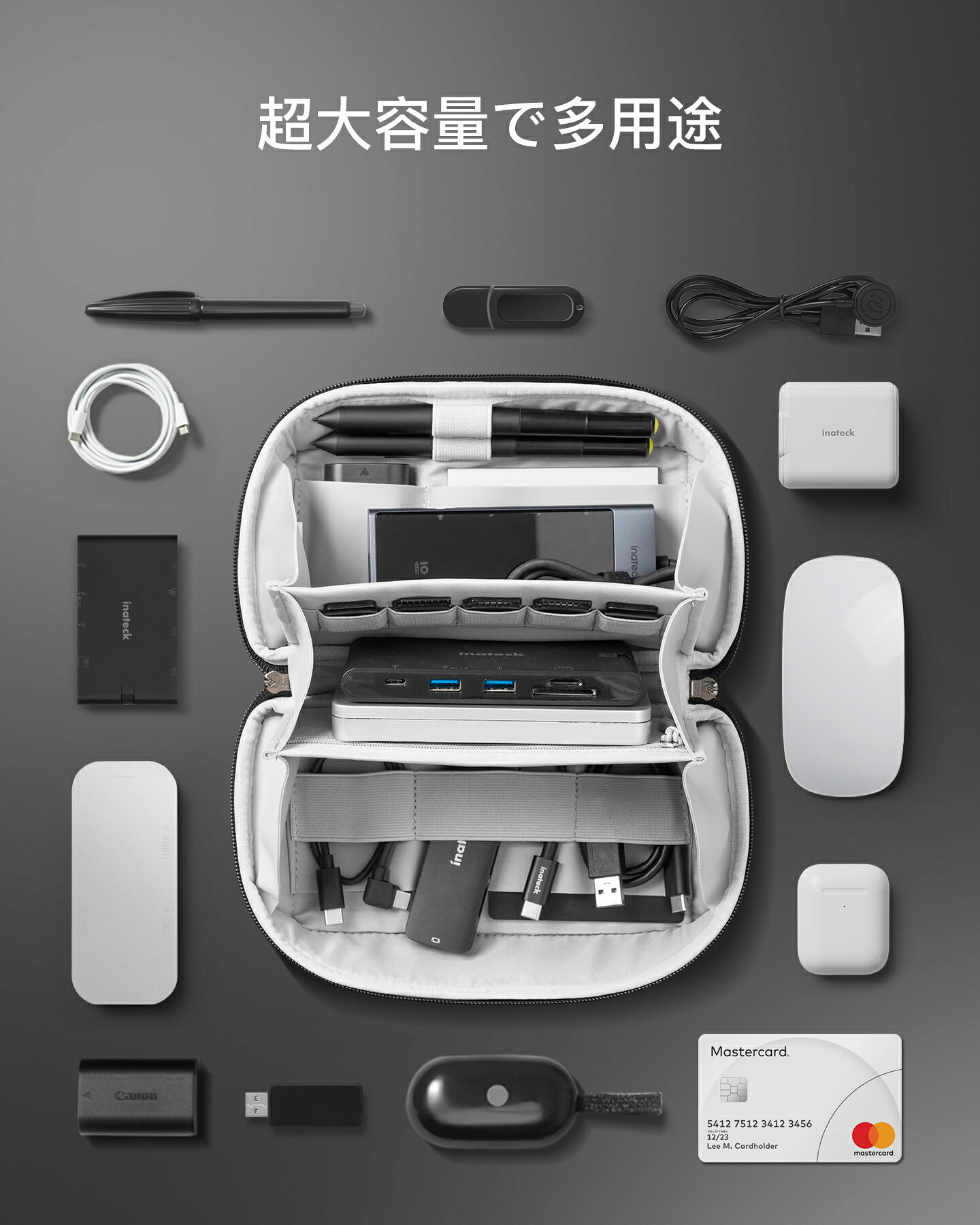 【アウトレット】ガジェットポーチ 山型収納ポーチ 大容量 PC周辺小物 PCアクセサリートラベルポーチ 充電器 ハードドライブ USBケーブル収納 モバイルバッテリー マウス イヤホン 小物ポーチ 持ち運びポーチ 化粧ポーチ コスメポーチ トラベル用品 撥水生地 inateck-10000391 Inateck楽天市場店 サンプル画像3