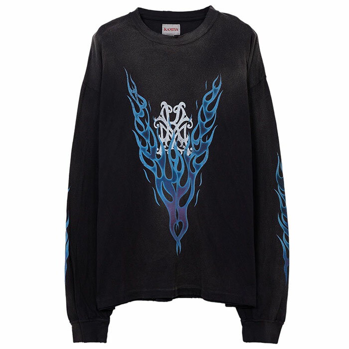 【KAMIYA ファイヤーパターンロンT】 KAMIYA カミヤ KMY FIRE Distressed LS Tee black KAMIYA-G14LT079のサムネイル