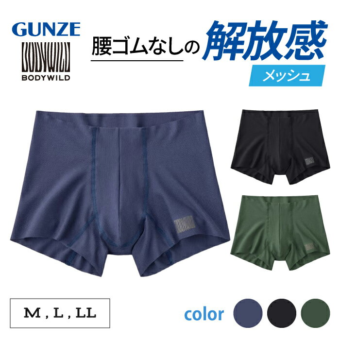 Gunze - グンゼ ボディワイルド エアーズ ボクサーパンツ 腰ゴムなし ウエストゴムなし メッシュ メンズ 前閉じ 無地 下着 夏 夏用 カットオフ 腰ゴム無し ウエストゴム無し パンツ プレゼント ギフト BODYWILD AIRZ BWY909D M L LL