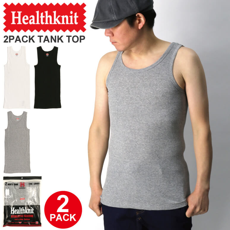 ★期間限定・ポイント15倍商品★【送料無料】Healthknit(ヘルスニット) 2パック リブ タンクトップ Tシャツ カットソー 2枚組 パックT ノースリ...