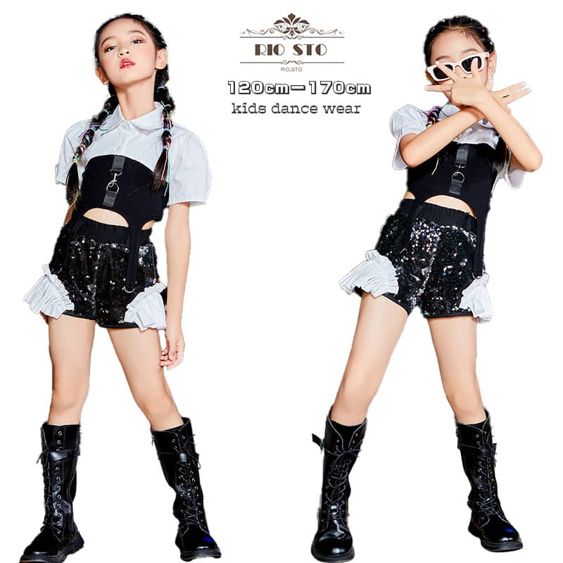 キッズ ダンス 女の子 子供ダンス スパンコール ダンスウェア パンツセット 2点セット Tシャツ 半袖 へそ出し 可愛い セクシー ダンス
