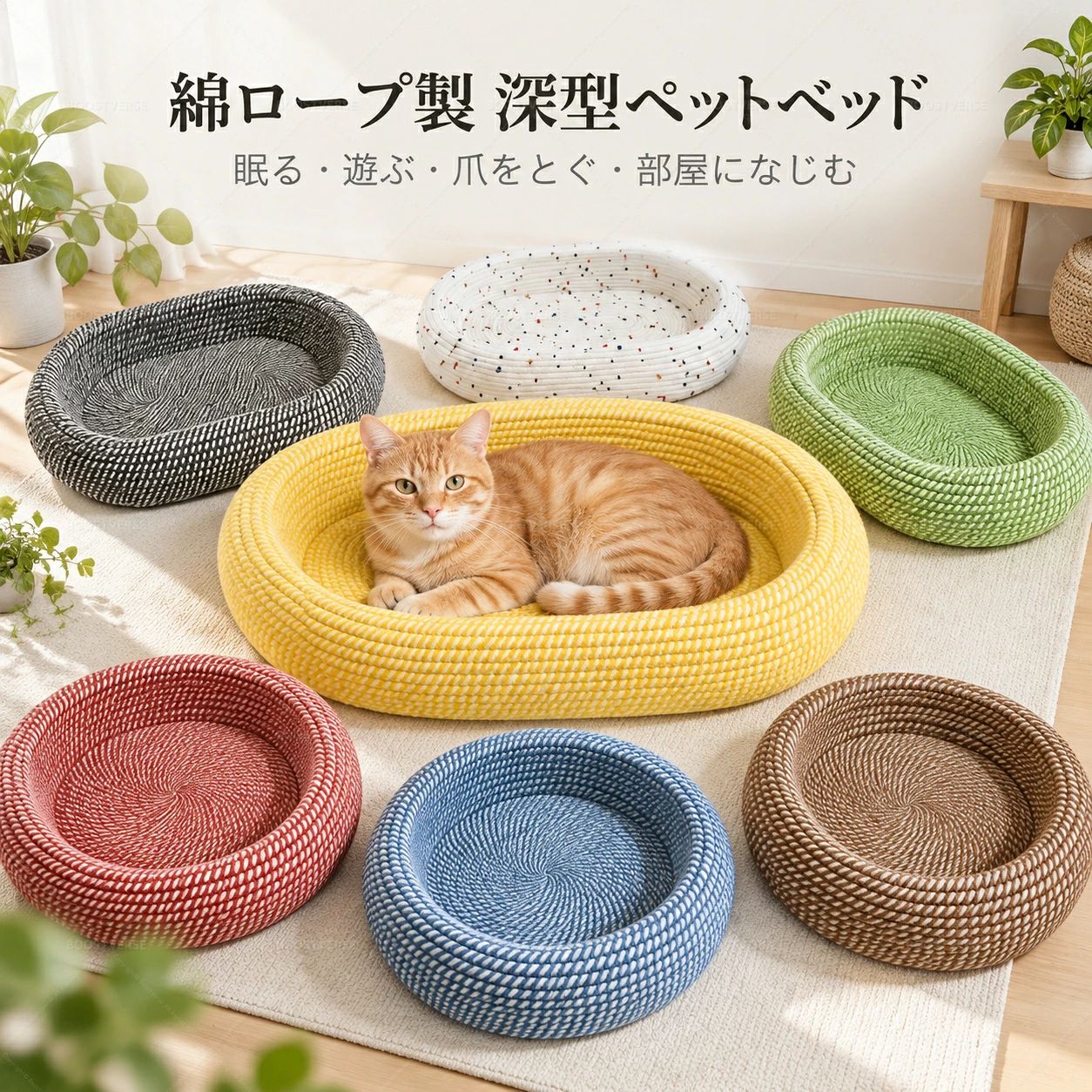 商品詳細 サイズ タイプ：楕円形（浅型）／円形（深型） の2タイプ展開です。 カラー：レッド／イエロー／ブルー／グリーン／ベージュ など。 （※手作業採寸のため、1～3cmの誤差が生じる場合がございます） 素材 綿素材の編み込み（ソフトで通気性のある質感） ※ペットが直接触れても安心な素材を厳選しています。 おすすめポイント 【編み込みのソフトな質感】 やわらかな編み込み素材がペットの体をふんわり包み込みます。 【通気性の良い構造】 編み目の隙間が空気を通し、季節を問わず使えます。 【深型・浅型の2タイプ】 楕円形の浅型と円形の深型から、ペットの好みに合わせて選べます。 関連キーワード ペットベッド 猫ベッド 犬ベッド 編み込み バスケット オールシーズン 通気性 かわいい おしゃれ 北欧風 インテリア ペット用品 ご注意 ※商品画像はモニター環境により実際の色味と異なる場合がございます。 ※記載サイズは手作業採寸のため、1～3cmの誤差が生じる場合がございます。 ※編み込み素材のため、鋭利なものにはご注意ください。 配送について ※複数個ご購入の場合、分納して発送する場合がございます。 ※在庫状況により出荷遅延が生じた際は、事前にメールにてご連絡を差し上げます。 生産国 中国製商品詳細 サイズ タイプ：楕円形（浅型）／円形（深型） の2タイプ展開です。 カラー：レッド／イエロー／ブルー／グリーン／ベージュ など。 （※手作業採寸のため、1～3cmの誤差が生じる場合がございます） 素材 綿素材の編み込み（ソフトで通気性のある質感） ※ペットが直接触れても安心な素材を厳選しています。 おすすめポイント 【編み込みのソフトな質感】 やわらかな編み込み素材がペットの体をふんわり包み込みます。 【通気性の良い構造】 編み目の隙間が空気を通し、季節を問わず使えます。 【深型・浅型の2タイプ】 楕円形の浅型と円形の深型から、ペットの好みに合わせて選べます。 関連キーワード ペットベッド 猫ベッド 犬ベッド 編み込み バスケット オールシーズン 通気性 かわいい おしゃれ 北欧風 インテリア ペット用品 ご注意 ※商品画像はモニター環境により実際の色味と異なる場合がございます。 ※記載サイズは手作業採寸のため、1～3cmの誤差が生じる場合がございます。 ※編み込み素材のため、鋭利なものにはご注意ください。 配送について ※複数個ご購入の場合、分納して発送する場合がございます。 ※在庫状況により出荷遅延が生じた際は、事前にメールにてご連絡を差し上げます。 生産国 中国製