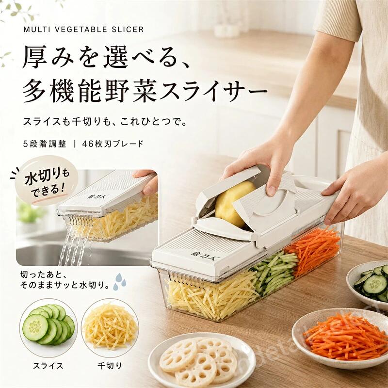 多機能野菜スライサー 千切り器 野菜カッター 5段階厚み調整 46枚刃 替刃不要 スライド切替 安全ホルダー付き 受けケース付き 水切り対