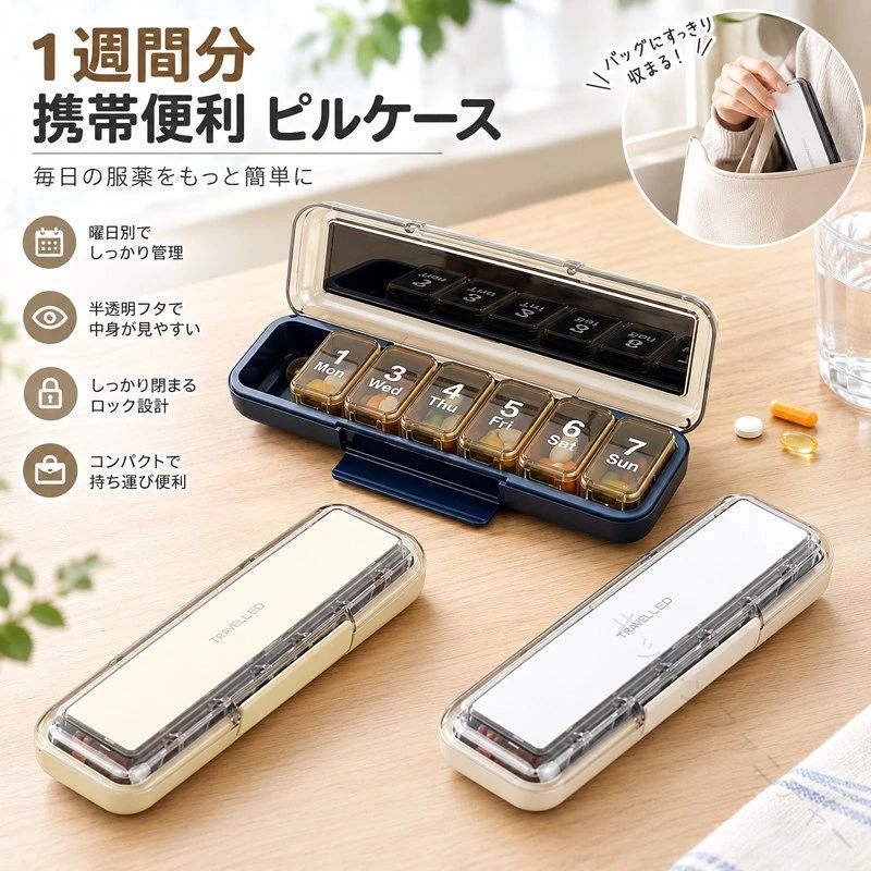 1週間分の薬をまとめて収納できる便利なピルケースです。曜日別に分けて管理できるので、毎日の飲み忘れ防止や服薬管理に役立ちます。ワンタッチで簡単に開閉でき、必要な薬をスムーズに取り出せる使いやすい設計。半透明フタ仕様で、中身が見やすく確認しやすくなっています。しっかり閉まるロック設計で、バッグの中でも開きにくく安心。コンパクトサイズなので、そのまま持ち運びでき、外出・旅行・通勤時にも便利です。 サイズ ピルケース サイズについての説明 19.1x6.1x3.3cm※サイズ表の実寸法は商品によって1-3cm程度の誤差がある場合がございます。 素材 ABS+TPE+PP 色 ネイビー アイボリー ホワイト 備考 ●サイズ詳細等の測り方はスタッフ間で統一、徹底はしておりますが、実寸は商品によって若干の誤差(1cm～3cm )がある場合がございますので、予めご了承ください。 ●製造ロットにより、細部形状の違いや、同色でも色味に多少の誤差が生じます。 ●パッケージは改良のため予告なく仕様を変更する場合があります。 ▼商品の色は、撮影時の光や、お客様のモニターの色具合などにより、実際の商品と異なる場合がございます。あらかじめ、ご了承ください。 ▼生地の特性上、やや匂いが強く感じられるものもございます。数日のご使用や陰干しなどで気になる匂いはほとんど感じられなくなります。 ▼同じ商品でも生産時期により形やサイズ、カラーに多少の誤差が生じる場合もございます。 ▼他店舗でも在庫を共有して販売をしている為、受注後欠品となる場合もございます。予め、ご了承お願い申し上げます。 ▼出荷前に全て検品を行っておりますが、万が一商品に不具合があった場合は、お問い合わせフォームまたはメールよりご連絡頂けます様お願い申し上げます。速やかに対応致しますのでご安心ください。 .1週間分の薬を小分けして持ち運べる携帯用ピルケース。お薬や錠剤、常備薬の収納に使える薬入れ、薬ケース、薬箱として、毎日の服薬管理や飲み忘れ防止に。サプリメントケース、サプリケースとしても便利なコンパクトサイズです。携帯便利で、通勤、通学、外出、旅行、出張、日常使いにも。小分け収納、携帯用ケース、服薬管理ケースをお探しの方におすすめ。人気の薬収納アイテムをランキングや でお探しの方にも。送料無料でお届けします。。 指定された配送時間は承っておりません。【キッチンファニチャー】