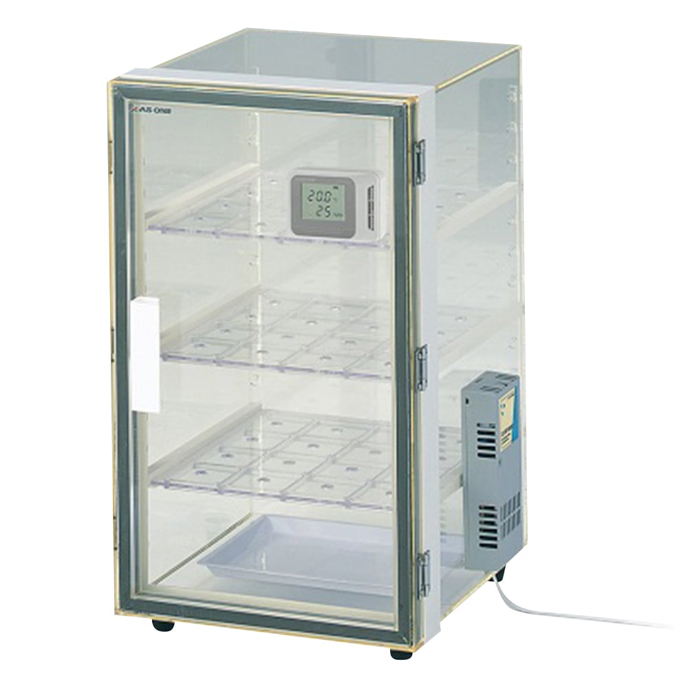 【用途】研究・産業用【品番】1-5488-21【メーカー】アズワン【型番】UVOH-400SA【JAN】4560111767842【入り数】1台※掲載画像は代表画像です。シリーズ共通の画像を使用している場合があり、お届けは商品名に記載の型番・数量となります。■特長固体高分子電解質膜を利用して庫内空気中の湿気を直接電気分解し連続的に除去しますので、安定した除湿を行うことができます。消費電力は3ワットと、電源を常に入れて使用する除湿保管庫として経済的に使用できます。庫内の湿気は直接気体状態で放出しますので、水滴（ドレン）が出ません。■仕様オートドライタイプ材質:透明PMMA（アクリル）（400nm以下をカット）除湿方式:固体高分子電解質膜により、H2O電気分解排出到達湿度:25％RH（庫内無負荷時・使用環境による）除湿素子膜面積:30×30mm電源:AC100　50/60Hz※消費電力:3W棚板間隔:底1段／50mm、その他／30mm重量:5kg電源コード長:約2m（2Pプラグ）外寸法（mm）:330×345×525（※除湿ユニット含む。）内寸法（mm）:285×275×485付属品:棚板×3枚、シリカゲル皿×1枚、デジタル温湿度モニター（THA-01M）※除湿ユニットはAC85〜264V仕様ですが、電源ケーブルは国内向け定格AC125V品を採用していますので、使用する供給電源はご注意ください。荷姿サイズ:400×420×635mm　6.80kg