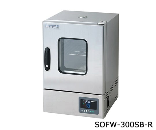 【品番】1-8998-24【メーカー】アズワン【型番】SOFW-300SB-R【JAN】4589638265310【入り数】1台※掲載画像は代表画像です。シリーズ共通の画像を使用している場合があり、お届けは商品名に記載の型番・数量となります。■特長【ETTAS・Sシリーズ共通特徴】デジタル式過昇防止装置を標準搭載しています。3段PID制御方式の採用により幅広い温度領域でのオーバーシュート・アンダーシュートが低減します。4種類のタイマー機能、曜日・時刻指定タイマーに加え、16ステップ8パターンのプログラム機能を搭載したオールラウンドタイプです。視認性・操作性に優れたLCDディスプレイを採用しています。オプションを接続することで、瞬時にエラーがわかり対処できます。（ アラームオプション 参照）【ワイヤレスロガーアプリ特長】離れた場所からでも実測温度と設定温度を確認できます。実測温度と設定温度を一定間隔で基板内のメモリーに記憶します。マニュアル無しでも直観的に操作できます。読み出した記録データは自動的にCSV形式の添付ファイルに変換され、メールアドレスを入れるだけでパソコン等への送信ができ、ファイルはEXCEL等の表計算ソフトで開いて、グラフ化や編集、帳票作成が行なえます。記録したデータを読み出しても、消去するまでは電源をOFFしてもデータは基板内に保持されます。記録の開始/停止、消去はアプリから行ないます。【6つの安全・安心機能】離れた場所からでもPV／SVの確認ができます。マニュアル無しでも直感的に操作できます。記録データをパソコンに転送してグラフ作成等がカンタンに！読みだした記録データは自動的にCSV形式のファイルに変換され、メールで簡単にパソコンへ転送できます。エラー発生時の安心・安全機能オプションを接続することにより、瞬時にエラーが確認でき対処できます。高精度の温度調節3段階PID制御低温域、中温域、高温域を個別でPID制御が可能です。オーバーシュート、アンダーシュートが軽減されます。デジタル設定式過昇防止機能作業温度をデジタルで設定できる過昇防止機能です。設定値になるとヒーターOFFします。風量の可変（強制対流方式）アナログ感覚でHI、MID、LOWの3段階設定が可能です。軽い紛体が飛散しにくいです。■仕様庫内寸法（mm）:300×327×300扉:右温度調節範囲:室温+20〜320℃最高温度到達時間:約30分温度変動（JIS）:±1℃（at　320℃）温度勾配（JIS）:13℃（at　320℃）温度制御方式:3段PID制御、SSR出力付加機能:タイマー（ONタイマー・OFFタイマー・SVスタート・ON/OFFタイマー）/最大16ステップ×8パターンの温度勾配プログラム/曜日・時刻指定タイマー安全装置:デジタル設定式過昇防止機能・過電流ブレーカー・バーンアウト機構（センサー断線時ヒーターOFF）ヒーター容量:1100W温度センサー:K熱電対×2個（温調用・過昇防止用×各1本）庫内容量:約30L棚ピッチ・段数:35mmピッチ・6段外装／内装:ステンレスSUS304(SOFW)、スチール粉体塗装その他 /SUS304(一部SUS443J1)排気口:φ32mm×1個外寸法:400×447×610mm観察窓サイズ:180×220mm重量:約25kg電源:AC100V　50/60Hz　コード長2.4m（3Pプラグ）定格電流:11.5A棚板耐荷重:15kg付属品:棚板×2枚・棚板レール×2組通信機能:規格：Bluetooth　Smart（Bluetooth　4.2）　/　距離：Class2（約10m）記録方式:フルストップ（フルメモリで記録停止）記録周期:2秒/10秒/30秒/60秒/10分/60分表示周期:2秒/10秒/30秒/60秒/300秒機能:記録開始/停止、記録データの読み出し/消去/PCへの転送/一覧表示、トレンドグラフ表示（拡大・縮小可能）記録形式:CSV形式