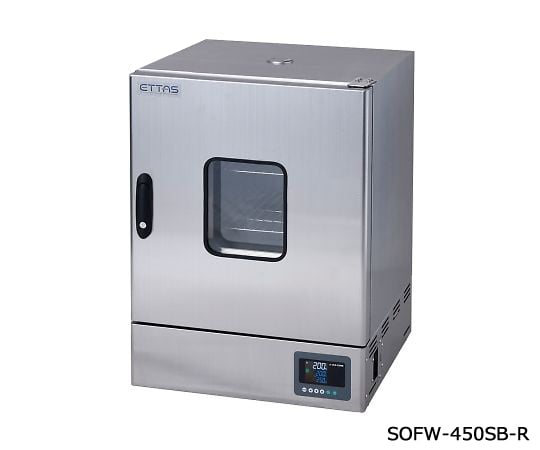【品番】1-8998-25【メーカー】アズワン【型番】SOFW-450SB-R【JAN】4589638265327【入り数】1台※掲載画像は代表画像です。シリーズ共通の画像を使用している場合があり、お届けは商品名に記載の型番・数量となります。■特長【ETTAS・Sシリーズ共通特徴】デジタル式過昇防止装置を標準搭載しています。3段PID制御方式の採用により幅広い温度領域でのオーバーシュート・アンダーシュートが低減します。4種類のタイマー機能、曜日・時刻指定タイマーに加え、16ステップ8パターンのプログラム機能を搭載したオールラウンドタイプです。視認性・操作性に優れたLCDディスプレイを採用しています。オプションを接続することで、瞬時にエラーがわかり対処できます。（ アラームオプション 参照）【ワイヤレスロガーアプリ特長】離れた場所からでも実測温度と設定温度を確認できます。実測温度と設定温度を一定間隔で基板内のメモリーに記憶します。マニュアル無しでも直観的に操作できます。読み出した記録データは自動的にCSV形式の添付ファイルに変換され、メールアドレスを入れるだけでパソコン等への送信ができ、ファイルはEXCEL等の表計算ソフトで開いて、グラフ化や編集、帳票作成が行なえます。記録したデータを読み出しても、消去するまでは電源をOFFしてもデータは基板内に保持されます。記録の開始/停止、消去はアプリから行ないます。【6つの安全・安心機能】離れた場所からでもPV／SVの確認ができます。マニュアル無しでも直感的に操作できます。記録データをパソコンに転送してグラフ作成等がカンタンに！読みだした記録データは自動的にCSV形式のファイルに変換され、メールで簡単にパソコンへ転送できます。エラー発生時の安心・安全機能オプションを接続することにより、瞬時にエラーが確認でき対処できます。高精度の温度調節3段階PID制御低温域、中温域、高温域を個別でPID制御が可能です。オーバーシュート、アンダーシュートが軽減されます。デジタル設定式過昇防止機能作業温度をデジタルで設定できる過昇防止機能です。設定値になるとヒーターOFFします。風量の可変（強制対流方式）アナログ感覚でHI、MID、LOWの3段階設定が可能です。軽い紛体が飛散しにくいです。■仕様庫内寸法（mm）:450×447×450扉:右温度調節範囲:室温+20〜320℃最高温度到達時間:約50分温度変動（JIS）:±1℃（at　320℃）温度勾配（JIS）:25℃（at　320℃温度制御方式:3段PID制御、SSR出力付加機能:タイマー（ONタイマー・OFFタイマー・SVスタート・ON/OFFタイマー）/最大16ステップ×8パターンの温度勾配プログラム/曜日・時刻指定タイマー安全装置:デジタル設定式過昇防止機能・過電流ブレーカー・バーンアウト機構（センサー断線時ヒーターOFF）ヒーター容量:1300W温度センサー:K熱電対×2個（温調用・過昇防止用×各1本）庫内容量:約91L棚ピッチ・段数:35mmピッチ・10段外装／内装:ステンレスSUS304(SOFW)、スチール粉体塗装その他 /SUS304(一部SUS443J1)排気口:φ32mm×1個外寸法:550×567×760mm観察窓サイズ:180×220mm重量:約40kg電源:AC100V　50/60Hz　コード長2.4m（3Pプラグ）定格電流:13.5A棚板耐荷重:5kg付属品:棚板×2枚・棚板レール×2組通信機能:規格：Bluetooth　Smart（Bluetooth　4.2）　/　距離：Class2（約10m）記録方式:フルストップ（フルメモリで記録停止）記録周期:2秒/10秒/30秒/60秒/10分/60分表示周期:2秒/10秒/30秒/60秒/300秒機能:記録開始/停止、記録データの読み出し/消去/PCへの転送/一覧表示、トレンドグラフ表示（拡大・縮小可能）記録形式:CSV形式関連商品アズワン 定温乾燥器（強制対流方式）　ステンレスタイプ・窓付き　左扉　...アズワン 凍結乾燥器用ドライチャンバー　DRC-2LAS 2-8102...アズワン ETTAS　真空乾燥器（SBシリーズ）　AVO-200SB ...287,820円274,835円311,410円アズワン マルチオーブン　MOV-300SB 2-7856-21...アズワン 定温乾燥器（強制対流方式）　ステンレスタイプ・窓付き　左扉　...アズワン ETTAS　定温乾燥器（強制対流方式）　スチールタイプ・窓無...309,690円238,250円228,810円アズワン 低温恒温水槽　-30~+80　180W　LTB-125α 1...アズワン ETTAS　定温乾燥器（強制対流方式）　スチールタイプ・窓無...アズワン ETTAS　定温乾燥器（タイマー仕様・強制対流方式）　窓付き...289,560円188,560円203,960円アズワン ラボビュー (恒温水槽) 42L　TRW-42TP 1-89...アズワン ETTAS　定温乾燥器（タイマー仕様・強制対流方式）　窓付き...アズワン ETTAS　真空乾燥器（SBシリーズ）　AVO-310SB ...299,330円203,960円447,260円