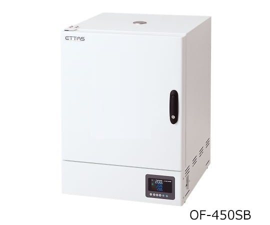 【品番】1-8999-52【メーカー】アズワン【型番】OF-450SB【JAN】4589638265419【入り数】1台※掲載画像は代表画像です。シリーズ共通の画像を使用している場合があり、お届けは商品名に記載の型番・数量となります。■特長【ETTAS・Sシリーズ共通特徴】デジタル式過昇防止装置を標準搭載しています。3段PID制御方式の採用により幅広い温度領域でのオーバーシュート・アンダーシュートが低減します。4種類のタイマー機能、曜日・時刻指定タイマーに加え、16ステップ8パターンのプログラム機能を搭載したオールラウンドタイプです。視認性・操作性に優れたLCDディスプレイを採用しています。オプションを接続することで、瞬時にエラーがわかり対処できます。（ アラームオプション 参照）【ワイヤレスロガーアプリ特長】離れた場所からでも実測温度と設定温度を確認できます。実測温度と設定温度を一定間隔で基板内のメモリーに記憶します。マニュアル無しでも直観的に操作できます。読み出した記録データは自動的にCSV形式の添付ファイルに変換され、メールアドレスを入れるだけでパソコン等への送信ができ、ファイルはEXCEL等の表計算ソフトで開いて、グラフ化や編集、帳票作成が行なえます。記録したデータを読み出しても、消去するまでは電源をOFFしてもデータは基板内に保持されます。記録の開始/停止、消去はアプリから行ないます。【6つの安全・安心機能】離れた場所からでもPV／SVの確認ができます。マニュアル無しでも直感的に操作できます。記録データをパソコンに転送してグラフ作成等がカンタンに！読みだした記録データは自動的にCSV形式のファイルに変換され、メールで簡単にパソコンへ転送できます。エラー発生時の安心・安全機能オプションを接続することにより、瞬時にエラーが確認でき対処できます。高精度の温度調節3段階PID制御低温域、中温域、高温域を個別でPID制御が可能です。オーバーシュート、アンダーシュートが軽減されます。デジタル設定式過昇防止機能作業温度をデジタルで設定できる過昇防止機能です。設定値になるとヒーターOFFします。風量の可変（強制対流方式）アナログ感覚でHI、MID、LOWの3段階設定が可能です。軽い紛体が飛散しにくいです。■仕様庫内寸法（mm）:450×447×450扉:左温度調節範囲:室温+20〜320℃最高温度到達時間:約50分温度変動（JIS）:±1℃（at　320℃）温度勾配（JIS）:25℃（at　320℃温度制御方式:3段PID制御、SSR出力通信機能:規格：Bluetooth　Smart（Bluetooth　4.2）　/　距離：Class2（約10m）記録方式:フルストップ（フルメモリで記録停止）記録周期:2秒/10秒/30秒/60秒/10分/60分表示周期:2秒/10秒/30秒/60秒/300秒機能:記録開始/停止、記録データの読み出し/消去/PCへの転送/一覧表示、トレンドグラフ表示（拡大・縮小可能）記録形式:CSV形式対応OS:iOS　11.4　以降対応機種:iPhone　5s・5c・6・6　Plus・6s・6s　Plus・SE・7・7　Plus・8・8　Plus・X付加機能:タイマー（ONタイマー・OFFタイマー・SVスタート・ON/OFFタイマー）/最大16ステップ×8パターンの温度勾配プログラム/曜日・時刻指定タイマー安全装置:デジタル設定式過昇防止機能・過電流ブレーカー・バーンアウト機構（センサー断線時ヒーターOFF）ヒーター容量:1300W温度センサー:K熱電対×2個（温調用・過昇防止用×各1本）庫内容量:約91L棚ピッチ・段数:35mmピッチ・10段外装／内装:ステンレスSUS304(SOFW)、スチール粉体塗装その他 /SUS304(一部SUS443J1)排気口:φ32mm×1個外寸法:550×567×760mm重量:約40kg電源:AC100V　50/60Hz　コード長2.4m（3Pプラグ）定格電流:13.5A棚板耐荷重:5kg
