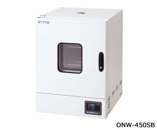 【品番】1-9004-42【メーカー】アズワン【型番】ONW-450SB【JAN】4589638265174【入り数】1台※掲載画像は代表画像です。シリーズ共通の画像を使用している場合があり、お届けは商品名に記載の型番・数量となります。■特長【ETTAS・Sシリーズ共通特徴】デジタル式過昇防止装置を標準搭載しています。3段PID制御方式の採用により幅広い温度領域でのオーバーシュート・アンダーシュートが低減します。4種類のタイマー機能、曜日・時刻指定タイマーに加え、16ステップ8パターンのプログラム機能を搭載したオールラウンドタイプです。視認性・操作性に優れたLCDディスプレイを採用しています。オプションを接続することで、瞬時にエラーがわかり対処できます。（ アラームオプション 参照）【ワイヤレスロガーアプリ特長】離れた場所からでも実測温度と設定温度を確認できます。実測温度と設定温度を一定間隔で基板内のメモリーに記憶します。マニュアル無しでも直観的に操作できます。読み出した記録データは自動的にCSV形式の添付ファイルに変換され、メールアドレスを入れるだけでパソコン等への送信ができ、ファイルはEXCEL等の表計算ソフトで開いて、グラフ化や編集、帳票作成が行なえます。記録したデータを読み出しても、消去するまでは電源をOFFしてもデータは基板内に保持されます。記録の開始/停止、消去はアプリから行ないます。【6つの安全・安心機能】離れた場所からでもPV／SVの確認ができます。マニュアル無しでも直感的に操作できます。記録データをパソコンに転送してグラフ作成等がカンタンに！読みだした記録データは自動的にCSV形式のファイルに変換され、メールで簡単にパソコンへ転送できます。エラー発生時の安心・安全機能オプションを接続することにより、瞬時にエラーが確認でき対処できます。高精度の温度調節3段階PID制御低温域、中温域、高温域を個別でPID制御が可能です。オーバーシュート、アンダーシュートが軽減されます。デジタル設定式過昇防止機能作業温度をデジタルで設定できる過昇防止機能です。設定値になるとヒーターOFFします。風量の可変（強制対流方式）アナログ感覚でHI、MID、LOWの3段階設定が可能です。軽い紛体が飛散しにくいです。■仕様庫内寸法（mm）:450×447×450扉:左温度制御範囲:室温+20〜300℃最高温度到達時間:約40分温度変動（JIS）:±3℃（at　300℃）温度勾配（JIS）:25℃（at　300℃）温度制御方式:3段PID制御、SSR出力通信機能:規格：Bluetooth　Smart（Bluetooth　4.2）　/　距離：Class2（約10m）記録方式:フルストップ（フルメモリで記録停止）記録周期:2秒/10秒/30秒/60秒/10分/60分表示周期:2秒/10秒/30秒/60秒/300秒機能:記録開始/停止、記録データの読み出し/消去/PCへの転送/一覧表示、トレンドグラフ表示（拡大・縮小可能）記録形式:CSV形式対応OS:iOS　11.4　以降対応機種:iPhone　5s・5c・6・6　Plus・6s・6s　Plus・SE・7・7　Plus・8・8　Plus・X付加機能:タイマー（ONタイマー・OFFタイマー・SVスタート・ON/OFFタイマー）/最大16ステップ×8パターンの温度勾配プログラム/曜日・時刻指定タイマー安全装置:デジタル設定式過昇防止機能・過電流ブレーカー・バーンアウト機構（センサー断線時ヒーターOFF）ヒーター容量:1400W温度センサー:K熱電対×2個（温調用・過昇防止用×各1本）庫内容量:約91L棚ピッチ・段数:35mmピッチ・10段外装/内装:スチール粉体塗装/SUS304（一部SUS443J1）排気口:φ32mm×1個外寸法:550×567×760mm観察窓サイズ:180×220mm重量:約40kg電源:AC100V　50/60Hz　コード長2.4m（3Pプラグ）定格電流:14.5A関連商品アズワン 定温乾燥器（自然対流方式）　スチールタイプ・窓付き　右扉　O...アズワン ETTAS　定温乾燥器（強制対流方式）　スチールタイプ・窓無...アズワン ETTAS　定温乾燥器（自然対流方式）　スチールタイプ・窓無...182,220円188,560円166,690円アズワン ETTAS　定温乾燥器（タイマー仕様・強制対流方式）　窓付き...アズワン ETTAS　定温乾燥器（タイマー仕様・強制対流方式）　窓無し...アズワン ETTAS　定温乾燥器（タイマー仕様・強制対流方式）　窓付き...169,920円158,530円203,960円アズワン ETTAS　定温乾燥器（タイマー仕様・強制対流方式）　窓付き...アズワン 定温乾燥器　（プログラム機能仕様・自然対流式）　87L　EO...アズワン グローブドライヤー　GD-1N 7-4044-11...203,960円155,300円145,920円アズワン ラコムエース（デジタル恒温器平型） 105×142×320m...アズワン ETTAS　定温乾燥器（強制対流方式）　スチールタイプ・窓無...アズワン ETTAS　インキュベーター（スチールタイプ）　　IW-45...183,370円228,810円189,200円
