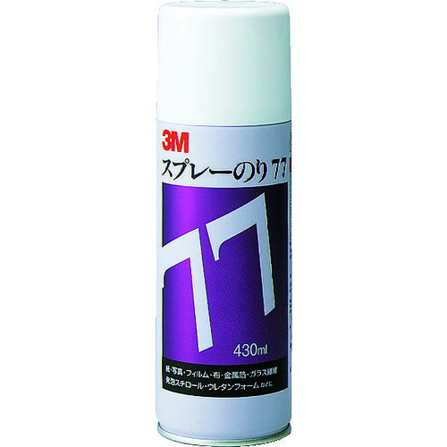 【品番】S/N 77【メーカー】スリーエム　ジャパン（株）ホームインプルーブメント販売部【JAN】4901690000294【販売単位】1本※掲載画像は代表画像です。シリーズ共通の画像を使用している場合があり、お届けは商品名に記載の型番・数量となります。■特長速乾性強粘着です。発泡スチロールや塗装面にも接着できます。■用途印刷物や写真のパネル貼りやラベル貼り。カーペットや緩衝材の貼り付け。■注意この商品は、一般消費者様向けの製品ではないため、表示や取扱説明書などが一般消費者様向けに表記・同梱されておりません。■仕様標準塗布可能面積():10高さ(mm):297標準重ね塗り回数:1〜2回製品規格:ISOブランド名:3M（スリーエム　ジャパン（株）ホームインプルーブメント販売部）奥行(mm):66製造国:日本該当:RoHS2環境表示:グリーン購入容量(ml):430色:白幅(mm):66