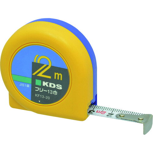 【品番】KF13-20K【メーカー】ムラテックKDS（株）【JAN】4954183128715【販売単位】1個※掲載画像は代表画像です。シリーズ共通の画像を使用している場合があり、お届けは商品名に記載の型番・数量となります。■特長引っ掛け測定専用固定爪です。フリー丸型コンベックスの基本型、コンパクトタイプです。精密測定に最適です。■用途引っ掛け測定での制度を求める測定に。■仕様テープ色:ホワイトテープ幅(mm):13テープ長さ(m):2目盛仕様:JIS1級メートル目盛455ピッチ表示:あり0点補正移動爪:×水平保持(m):1.2ブランド名:KDS（ムラテックKDS（株））本体寸法(mm):48×48×21製造国:マレーシア色:イエロー＆ブルーショックアブソーバー:なし該当:RoHS2爪仕様:引っ掛け測定専用固定爪製品規格:JIS関連商品KDSフリー13巾・2 KF13-20KDSネオロック13巾・2BP S13-20NBP...KDSネオロック13巾2m S13-20N1,440円1,630円1,630円KDSフリー16巾5．5m固定爪 KF16-55K...KDSフリー16巾3．5m固定爪 KF16-35K...タジマロック−132mメートル目盛ブリスター L13-20BL...2,190円2,040円1,740円KDSフリー16巾・5．5 KF16-55シンワコンベックススマートギア幅19mm長さ5．5m 80880...KDSネオロック16巾3．5m S16-35N...2,190円1,680円2,210円KDSコンベックスフリーマグ16巾3．5m追い番ミリ数字 OMF16-...KDSコンベックスネオロックマグ16巾3．5m追い番ミリ数字BP OM...KDS耐久ネオロック16巾3．5mミリ数字 XS16-35N...2,230円2,380円2,260円