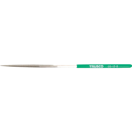 【品番】GS-12-S【メーカー】トラスコ中山（株）【JAN】4989999146127【販売単位】1本※掲載画像は代表画像です。シリーズ共通の画像を使用している場合があり、お届けは商品名に記載の型番・数量となります。■特長超硬合金、焼き入れ鋼、セラミックス、ガラス、強化プラスチックなどの硬質材の研削加工に最適です。ダイヤモンド砥粒の切れ味が最後まで持続します。台金に弾力があり被削材にフィットします。独自に開発した電着技術で安定した状態でヤスリ台金に強固に保持されているため、最初の鋭い切れ味を最後まで保持します。■用途バリ取り仕上切削・修正・すり合わせなどの使用に最適。各種金型の仕上げ・修正・R取り・各種刃物の研削・ガラス・セラミックス・あらゆる硬質材料の研削。■注意5本組〜12本組は、ヤスリのサイズを表す規格です。提供不可：ミルシート中国の輸出規制に関して、本製品は中国産の人口ダイヤモンドを使用しておりません。■仕様製造国:日本刃長(mm):40柄の形状:角全長(mm):140製品規格:ISO組タイプ:12本組ブランド名:TRUSCO（トラスコ中山（株））粒度(#):170形状:三角(幅)3.0