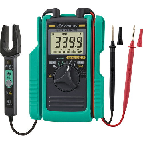 【品番】KEWMATE2001A【メーカー】共立電気計器（株）【JAN】4560187066733【販売単位】1台※掲載画像は代表画像です。シリーズ共通の画像を使用している場合があり、お届けは商品名に記載の型番・数量となります。■特長AC/DCクランプ付のポケットサイズデジタルマルチメータです。オープンコアセンサでAC/DC電流測定が可能です。非測定導体径6mm（IV8?)まで対応しています。■用途電気工事全般。■仕様検波方式:平均値整流(MEAN)奥行(mm):27電源(V):単四形乾電池R03(1.5V)×2交流電流(A):100交流電圧(V):600直流電圧(V):600高さ(mm):128製品規格:CEブランド名:KYORITSU（共立電気計器（株））該当:修理可能幅(mm):92製造国:タイ直流電流(A):100抵抗(Ω):34M