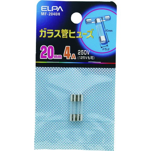 【品番】MF-2040H【メーカー】朝日電器（株）【JAN】4901087106172【販売単位】1袋※掲載画像は代表画像です。シリーズ共通の画像を使用している場合があり、お届けは商品名に記載の型番・数量となります。■特長小型テレビ・ラジオやAV音響機器、家庭用の小型機器内の回線保護などに使用できます。125Vも可能です。■仕様定格電圧(V):AC250ブランド名:ELPA（朝日電器（株））長さ(mm):20外径(mm):5.2製造国:台湾定格電流(A):4関連商品ELPAガラス管ヒューズ20MM10．0A2個入 MF-2100H...ELPAガラス管ヒューズ20MM5．0A2個入 MF-2050H...ELPAガラス管ヒューズ20MM1．5A2個入 MF-2015H...750円750円750円ELPAガラス管ヒューズ20MM0．5A2個入 MF-2005H...春日電機組端子台T1002 T1002ELPAガラス管ヒューズ20MM0．3A2個入 MF-2003H...790円780円750円冨士端子ガラス管ヒューズ（2個入）5A5．2×20mm FP-FGMB...ELPAヒューズホルダー中継用20mm7A以下ホワイト FH-T20H...冨士端子ガラス管ヒューズ（2個入）3A5．2×20mm FP-FGMB...750円820円740円冨士端子ガラス管ヒューズ（2個入）1A5．2×20mm FP-FGMB...冨士端子ガラス管ヒューズ（2個入）2A5．2×20mm FP-FGMB...冨士端子ガラス管ヒューズ（2個入）10A5．2×20mm FP-FGM...740円740円770円