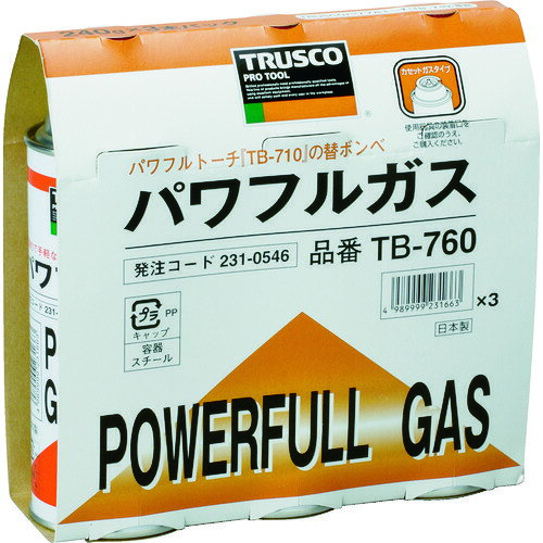 【品番】TB-760【メーカー】トラスコ中山（株）【JAN】4989999231663【販売単位】1Pk※掲載画像は代表画像です。シリーズ共通の画像を使用している場合があり、お届けは商品名に記載の型番・数量となります。■特長TB-710A、TB-710AT用の替ガスボンベ3本セットです。プロパンガスを配合することで蒸気圧が高く、火力がアップします。■注意提供不可：chemSHERPA、ミルシート■仕様製造国:日本ブランド名:TRUSCO（トラスコ中山（株））関連商品新富士パワートーチRZ−820SS RZ-820SS...アズワン 廃液回収容器（チューブ接続キャップ用） 5L容器本体 2口 ...Iwataniカーボンオフカセットガスボンベ内容量250g CB-25...2,280円2,590円1,570円DAIHENTIG溶接コレット2．4φ H950C05...DAIHENTIG溶接コレット3．2φ H950C07...新富士業務用パワ−ガスRZ−860寒冷地対応ボンベ RZ-860...2,240円2,240円1,800円PRINCE共通ガス200g GT-G新富士自動点火方式プロパンバーナースーパーライナー RE-7...TRUSCO両面ハトメアルミ15mm50組入（円筒ケース入） THP-...1,790円27,340円2,230円TOKINNチップ0．9MM 002001DAIHENTIG溶接ノズルNo．4 H21B19...DAIHENTIG溶接ノズルNo．5 H21B20...2,200円2,170円2,170円