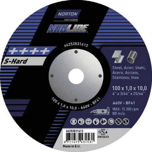 【品番】2TW100XTA10N【メーカー】サンゴバン（株）【JAN】4571409352596【販売単位】25枚※掲載画像は代表画像です。シリーズ共通の画像を使用している場合があり、お届けは商品名に記載の型番・数量となります。■特長中心孔10mmのグラインダーに使用可能です。1.0mm厚みの切断砥石です。ハイスピードでバリが極めて少なく、材料の焼けが少ないので非常に精度の高い切断ができます。両面補強仕様ですので安全に作業できます。■用途一般鋼、ステンレス鋼の薄板、チャンネル、アングル、パイプ等の切断作業に。■仕様穴径(mm):10刃厚(mm):1最高使用回転数(rpm):15300ブランド名:NORTON（サンゴバン（株））砥材:A製造国:中国粒度(#):60外径(mm):100硬度:V関連商品モトユキ切断砥石グローバルソーガチギレ180×1．6×2246X10枚...NRSオフセット型切断砥石デルタカット107×1×15NX60S25枚...レヂボン飛騨の匠150×1．5×22Z46P HT15015-Z46 ...7,860円7,100円8,140円ノリタケ切断砥石スーパーリトル2．5A30P125X2．5X22 10...TOKEN切断砥石サムライ180 RA-180AZ (10枚セット販売...レヂボンスーパーカットRSC125×2．0×2240P RSC1252...7,070円6,750円8,670円レヂボン飛騨の匠125×1．4×22Z46P HT12514-Z46 ...ノリタケ切断砥石スーパーリトル1．5A46S125X1．4X22 10...NRS切断砥石ジャーンカット外径405×刃厚3×穴径25．4mm＃36...6,610円6,550円6,100円NRS切断砥石ジャーンカット外径405×刃厚3×穴径25．4mm＃36...レヂボン飛騨の匠180×1．7×22Z46P HT18017-Z46 ...レヂボンカットRC180×2×22A46S RC1802-46 (10...6,100円9,230円6,260円