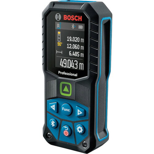 【品番】GLM50-27CG【メーカー】ボッシュ（株）【JAN】4059952524641【販売単位】1台※掲載画像は代表画像です。シリーズ共通の画像を使用している場合があり、お届けは商品名に記載の型番・数量となります。■特長視認性の高いグリーンレーザーを採用（赤いレーザーに比べて4倍の視認性）しています。耐久性を重視した頑強なデザイン、ラバー製ハウジングを採用し衝撃から守ります。1.5mからのメーカー社内落下テストクリアしています。専用の無償アプリを使用して、測定結果をスマートフォンに転送できます。360度角度センサー搭載のレーザー距離計です。防塵防水構造IP65です。距離と角度を同時測定で一辺を算出、表示します（シングルピタゴラス、ダブルピタゴラス）。内蔵角度センサーを併用する独自の測定モードです。壁面積測定モードで壁の総面積を簡単に測定可能です。■用途距離測定、長さ測定、高さ測定、面積測定、体積測定、連続測定、最大・最小測定、ピタゴラス測定（3種）、傾斜測定、壁面積測定、等間隔測定に。■仕様測定基準位置の設定:本体前方、後方端部、1/4”ネジ穴厚さ(mm):29測定精度(mm):±1.5測定範囲(m):0.05〜50高さ(mm):119測定項目:距離、面積、体積、容積、連続、加算、減算測定、傾斜最小表示(mm):0.5最小表示(m):0.05製造国:マレーシア該当:RoHS2レーザー安全規格:クラス2保護等級:IP65幅(mm):53電源:単3アルカリ乾電池×2本または、ボッシュリチウムイオンバッテリー1608M00C43（別売）ブランド名:ボッシュ（ボッシュ（株））保証期間:1
