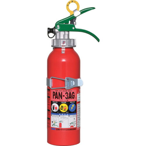 【品番】PAN-3AG-1【メーカー】日本ドライケミカル（株）【JAN】4944424100808【販売単位】1本※掲載画像は代表画像です。シリーズ共通の画像を使用している場合があり、お届けは商品名に記載の型番・数量となります。■特長リサイクルが容易なアルミ容器を使用しています。従来の鉄製に比べ耐食性に優れ、約20%軽量です。■用途自動車搭載用。適用火災:普通火災・油火災・電気火災。■仕様薬剤量(kg):1放射距離(m):2〜4高さ(mm):364ブランド名:NDC（日本ドライケミカル（株））放射時間(秒):約12適合火災:普通火災・油火災・電気火災設計標準使用期限:10年製造国:日本関連商品MORITAアルテシモ210型粉末・蓄圧式・ストップ機能付 MEA10...YAMATO自動車用蓄圧式消火器10型（ブラケット別梱包） YAM-1...NDC自動車用消火器6型PAN−6AG（I） PAN-6AG1...15,340円15,570円19,500円YAMATO自動車用消火器4型（ブラケット別梱包） YPM-4...NDCABC粉末消火器10型蓄圧式PAN−10WXe（I） PAN-1...NDC自動車用消火器10型PAN−10AG（I） PAN-10AG1...14,040円13,310円21,700円MORITAアルテシモ粉末・蓄圧式・ストップ機能付4型 MEA4...YAMATOABC粉末消火器10型3．0kg蓄圧式 YA-10NX...YAMATOABC粉末消火器5型1．5kg蓄圧式 YA-5NX...17,800円12,440円12,420円YAMATOABC粉末消火器6型2．0kg蓄圧式 YA-6NX...NDC消火器収納箱10型2本用NB−102（II） NB-102-2...NDC消火器収納箱10型1本用NB−101（II） NB-101-2...12,790円8,060円6,080円