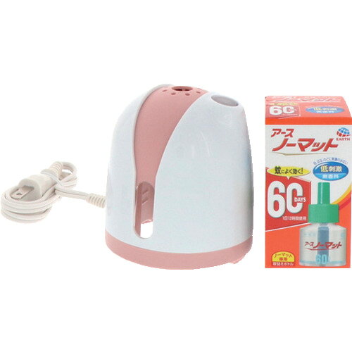 【品番】148315【メーカー】アース製薬（株）【JAN】4901080148315【販売単位】1箱※掲載画像は代表画像です。シリーズ共通の画像を使用している場合があり、お届けは商品名に記載の型番・数量となります。■特長蚊を駆除し屋外からの侵入を防ぐ液体蚊とりセット。安定して薬剤が揮散するので窓を開けても効きめが持続します。赤ちゃんやペットにも安心です。器具の色はホワイトピンクです。独自の技術により安定して薬剤が揮散するので窓を開けても効きめが持続します。無香料・低刺激■用途蚊成虫の駆除、侵入阻止■注意家庭用100Vの電源で使用してください。器具に針金やピンなどを差し込まないでください。また、ぬれた手で器具に触れないでください。器具の分解・修理・改造は、事故や故障の原因となるので、絶対にしないでください。アースノーマットボトル以外のボトルを使用した場合の有効性、安全性は確認しておらず、また、発火等火災の危険を生じるおそれがありますので、アースノーマットボトル以外は使用しないでください。■仕様タイプ:蚊用容量(ml):45適合害虫:蚊製造国:日本ブランド名:アース（アース製薬（株））容量(g):270香り:無香料電源(V):単相100色:ホワイトピンク効果範囲目安:4.5〜12畳効果持続目安:60日(1日12時間使用)使用目安:1日12時間60日間関連商品金鳥金鳥の渦巻V30巻（缶） 000131フマキラー蚊とり線香本練りジャンボ50巻函入 424355...アース渦巻香プロプレミアム30巻缶入 016416...2,490円2,330円2,100円フマキラージャンボ蚊とり線香50巻缶 411683...金鳥金鳥の渦巻大型12時間用40巻（缶） 000650...アースアースジェット450mL2本パック 161413...2,680円3,270円2,370円サラヤアルペット手指消毒用1L 41257...フマキラーハチ・アブダブルジェット450mlN 451627...金鳥蚊に効く虫コナーズプレミアムPROプレートタイプ200日無臭蚊に効...2,370円2,280円2,500円フマキラーどこでもベープ未来150日セットパールホワイト 448535...フマキラーハチ・アブバズーカジェット550mlN 451641...金鳥蚊がいなくなるスプレーV255回無香料24時間 105898...2,570円2,640円2,180円
