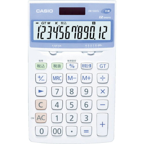 【品番】JW-122CL-N【メーカー】カシオ計算機（株）【JAN】4971850179818【販売単位】1台※掲載画像は代表画像です。シリーズ共通の画像を使用している場合があり、お届けは商品名に記載の型番・数量となります。■特長衛生面に配慮し、清潔に使える抗菌加工をしております。ジャスト型電卓です。■用途衛生面を重視した職場の方等に最適な12桁ジャストタイプのSIAA登録抗菌電卓■仕様縦(mm):176桁数:12該当:RoHS2製造国:フィリピン色:ホワイト厚さ(mm):25ブランド名:カシオ（カシオ計算機（株））横(mm):107