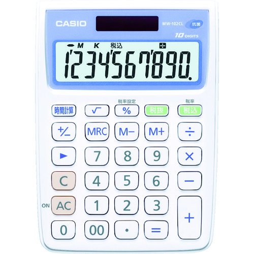 【品番】MW-102CL-N【メーカー】カシオ計算機（株）【JAN】4971850179801【販売単位】1台※掲載画像は代表画像です。シリーズ共通の画像を使用している場合があり、お届けは商品名に記載の型番・数量となります。■特長衛生面に配慮し、清潔に使える抗菌加工をしております。ミニジャスト型電卓です。■用途衛生面を重視した職場の方等に最適な10桁ミニジャストタイプのSIAA登録抗菌電卓■仕様ブランド名:カシオ（カシオ計算機（株））厚さ(mm):26.2該当:修理可能色:ホワイト製造国:フィリピン縦(mm):144桁数:10横(mm):105.5
