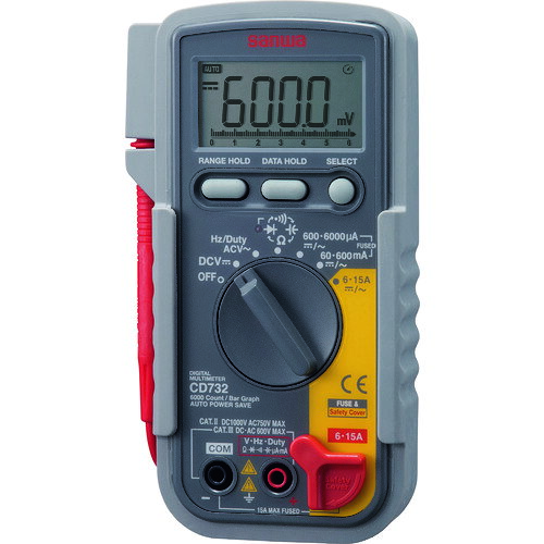 【品番】CD732【メーカー】三和電気計器（株）【JAN】4981754021809【販売単位】1台※掲載画像は代表画像です。シリーズ共通の画像を使用している場合があり、お届けは商品名に記載の型番・数量となります。■特長テストリードを側面に収納可能です。データホールド、レンジホールドボタン付です。液晶部にバーグラフ搭載です。最大表示：6000カウント本体ケース・回路基板に難燃材を使用した安全設計です。DCA/ACA共に連続で6Aまで、10秒以内ならば15Aまで測定可能です。導通チェックはブザー音と赤色LEDランプの点灯で確認可能です。6A・15A測定端子には誤挿入防止のセーフティカバー付きです。■用途設備機器等メンテナンス用。学校の教材・実習用。■注意本体やテストリードに損傷がある場合は使用しないでください。測定中はテストプローブのつばよりテストピン側を持たないでください。テストリードは最初に接地側(テストリード黒)を接続し、そのあと通電側(テストリード赤)を接続してください。切り離すときは、最初に通電側を離してください。測定中は他のファンクションやレンジへ切り換えやテストリードプラグを他の測定端子へ差し換えないでください。ヒューズは指定された形状、定格のものを使用してください。■仕様高さ(mm):167製品規格:ISO直流電流(A):15直流電圧(V):1000検波方式:平均値整流(MEAN)電源(V):単3乾電池(R6)×2本(モニタ電池付属)校正書類:対応可能幅(mm):90抵抗(Ω):60M製造国:日本該当:修理可能交流電圧(V):750ブランド名:SANWA（三和電気計器（株））導通チェック:10〜60Ω以下の範囲でブザーと赤色LEDで点灯。交流電流(A):15奥行(mm):48