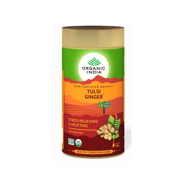 楽天インディア　アット　ホームオーガニックティー トゥルシー ジンジャー ティー 100g 缶【TULSI GINGER TEA 100g】【ORGANIC INDIA】オーガニック インディア デカフェ カフェインレス インド ハーブティー オーガニック 紅茶 チャイ チャイティー ティーバッグ 輸入食材 海外 ギフト 贈り物