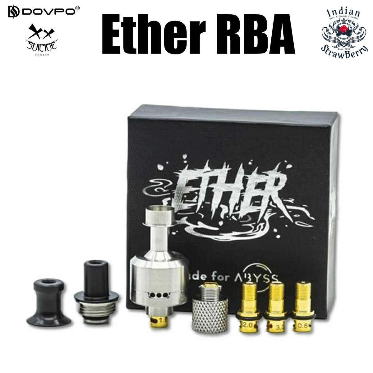 商品情報仕様パッケージ・Ether RBA・交換可能なエアフロー調節ピン (3mm, 2mm, 1mm, 0.8mm) + Oリングセット・MTL用ドリップチップ（2種類のドリップチップ、1個のドリップチップベース）・510接続コネクターその他の注意事項お客様のお使いのモニター設定、お部屋の照明等により実際の商品と色味が異なる場合がございます。関連リンク◎本体セット●【Abyss 5点セット】Dovpo X Suicide Mods Abyss AIO 60w Kit + Vapcell INR21700 F40 4000mAh + RBAコイル + Bridge Pack(All 4 bridges) + Glass Packセット●Dovpo X Suicide Mods Abyss AIO 60w Kit + Vapcell INR21700 F40 4000mAh付きセット◎オプションアクセサリー・Dovpo × Suicide Mods Mods Abyss AIO 用 Ether（エーテル）RBA・Dovpo × Suicide Mods Abyss Bridge Pack アビス ブリッジ 4種パック（PnP/GTX・Caliburn G・Nord・EUC対応）+ エンプティボトル (Black/SS)・Dovpo × Suicide Mods Abyss Intergrated Drip Tip アビス ドリップチップ + エンプティボトル・Dovpo × Suicide Mods Abyss 18650 Battery Tube アビス バッテリーチューブ + エンプティボトル・Dovpo Abyss Glass Tube Pack アビス グラスチューブパック + エンプティボトル・Dovpo × Suicide Mods Abyss Button Kit アビス ボタン キット + エンプティボトル・Dovpo × Suicide Mods Abyss Side By Side Kit アビス サイド バイ サイド キット + エンプティボトルDovpo × Suicide Mods Mods Abyss AIO 用 Ether（エーテル）RBA ドブポ スイサイドモッド アビス エーアイオー エーテル 「Ether（エーテル）」はVaping BoganとのコラボレーションによるAbyss AIO 専用のRBAです。Ether はシングルコイル専用設計でMTL / RDLとして独自のビルドを楽しめます。18.8mmの大型デッキを採用し、3段階のエアフロー調節が可能です。関連リンク◎本体セット●【Abyss 5点セット】Dovpo X Suicide Mods Abyss AIO 60w Kit + Vapcell INR21700 F40 4000mAh + RBAコイル + Bridge Pack(All 4 bridges) + Glass Packセット●Dovpo X Suicide Mods Abyss AIO 60w Kit + Vapcell INR21700 F40 4000mAh付きセット◎オプションアクセサリー・Dovpo × Suicide Mods Mods Abyss AIO 用 Ether（エーテル）RBA・Dovpo × Suicide Mods Abyss Bridge Pack アビス ブリッジ 4種パック（PnP/GTX・Caliburn G・Nord・EUC対応）+ エンプティボトル (Black/SS)・Dovpo × Suicide Mods Abyss Intergrated Drip Tip アビス ドリップチップ + エンプティボトル・Dovpo × Suicide Mods Abyss 18650 Battery Tube アビス バッテリーチューブ + エンプティボトル・Dovpo Abyss Glass Tube Pack アビス グラスチューブパック + エンプティボトル・Dovpo × Suicide Mods Abyss Button Kit アビス ボタン キット + エンプティボトル・Dovpo × Suicide Mods Abyss Side By Side Kit アビス サイド バイ サイド キット + エンプティボトル 2