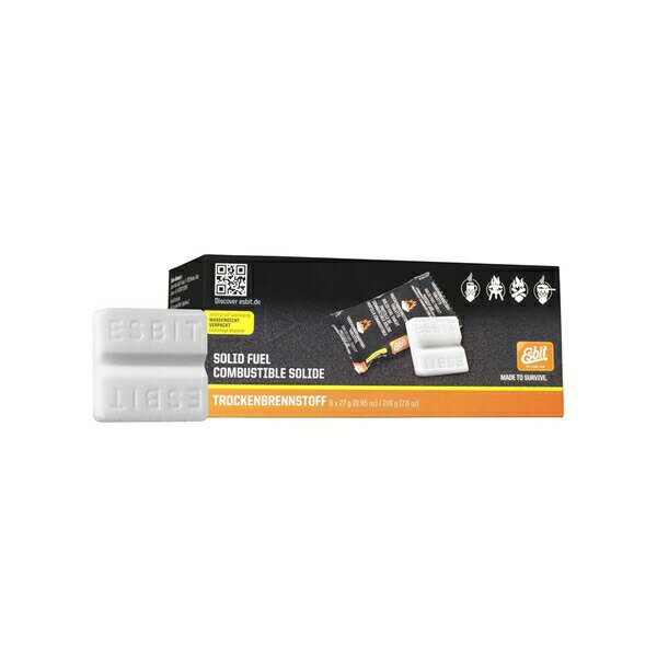 固形燃料27gはエスビットの固形燃料のなかで一番高出力(4g/28kcal 5g/35kcal 14g/98kcal 27g/189kcal)です。1タブレットで500mlの水を約5分で沸かすことが可能です。