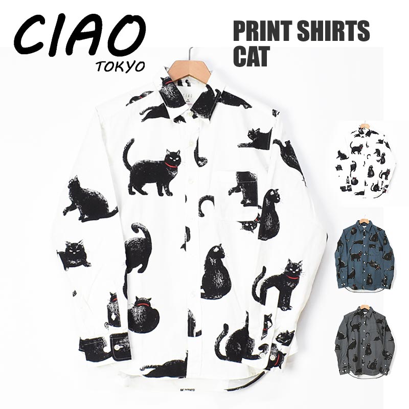 ciao チャオ 長袖シャツ 黒猫 メンズ COTTON PRINT SHIRTS CAT ねこ ネ