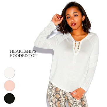 【メール便対応】HEART&HIPS フードトップ【BLACK/WHITE/DUSTY MAUVE】(Class クラス 通販 レディース 海外 インポート ファッション 輸入 LA 長袖 ロングスリーブ レースアップ 無地 シンプル パーカー ストレッチ)