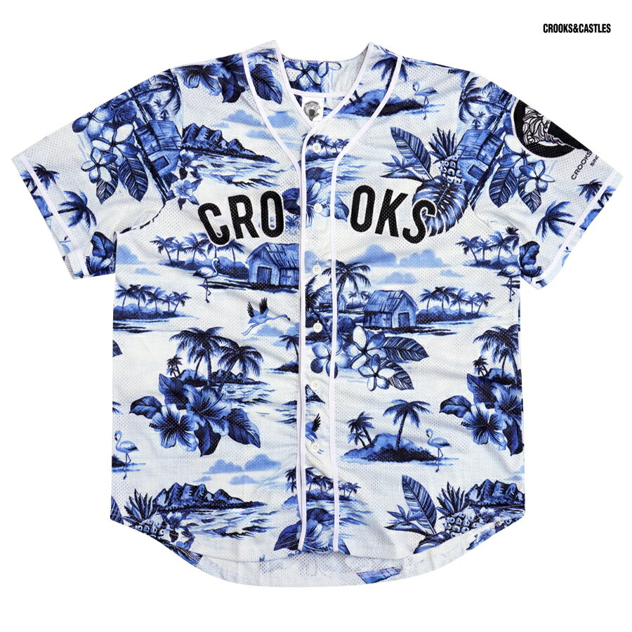 楽天Indoor Class Online Store【売りつくし40％★送料無料】CROOKS & CASTLES AOP PALM BASEBALL SHIRTS【WHITE×BLUE】（M・L・XL）（クルックスアンドキャッスルズ 通販 ベースボールシャツ ジャージ メッシュ 半袖 ショートスリーブ アロハ）