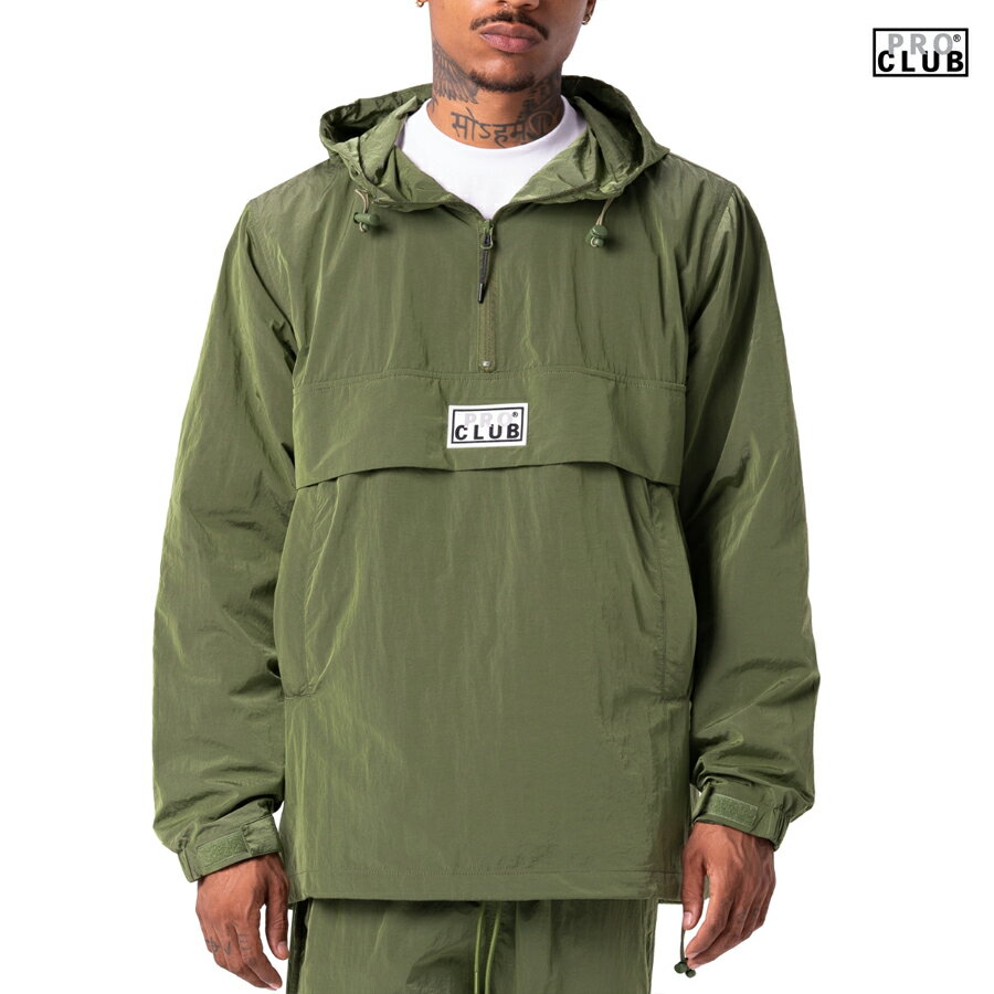 楽天Indoor Class Online Store【送料無料】PRO CLUB METALLIC NYLON ANORAK JACKET【OLIVE】（M・L・XL・2XL）（PRO CLUB 通販 プロクラブ メンズ 大きいサイズ ウインドブレーカー ナイロン ジャケット アウター ロゴ）