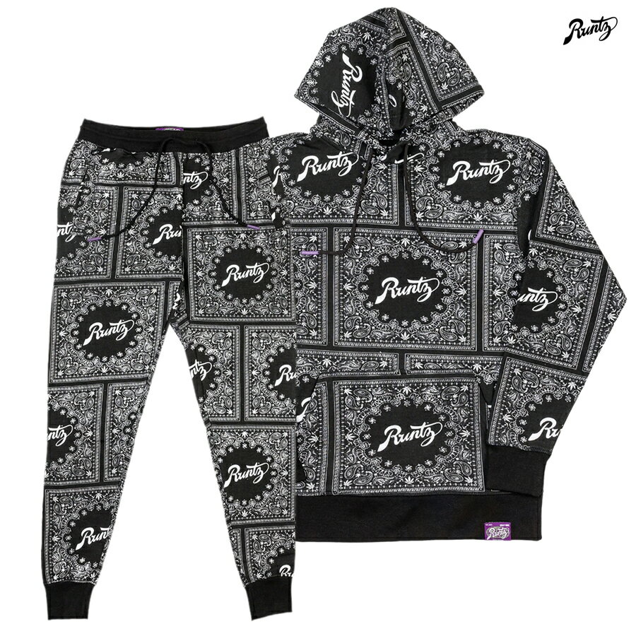 【PRICE DOWN 20 ★送料無料】RUNTZ BANDANA HOODIE SET UP【BLACK】(M L XL 2XL)(ランツ 通販 アパレル 服 メンズ 大きいサイズ セットアップ 上下セット スウェット パーカー フード フーディー スウェットパンツ ジョガーパンツ ロングパンツ バンダナ ペイズリー)