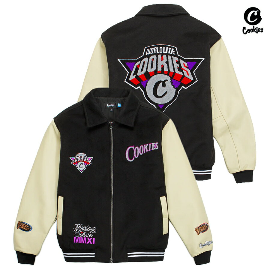 【送料無料】COOKIES FULL CLIP MELTON WOOL VARSITY JACKET【BLACK】(L・XL)(クッキーズ アパレル 服 通販 メンズ 大きいサイズ ジャケット バーシティジャケット スタジャン スタジアムジャケット アウター)