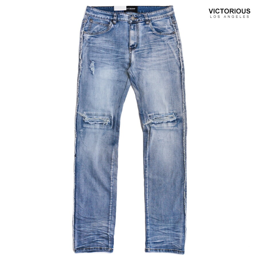 楽天Indoor Class Online Store【送料無料】VICTORIOUS LA STACKED FIT RAW EDGE DENIM PANTS【WASH BLUE】（30inch・32inch・34inch・36inch・38inch）（ヴィクトリアス 通販 メンズ 大きいサイズ デニム ジーンズ パンツ ウォッシュブルー）