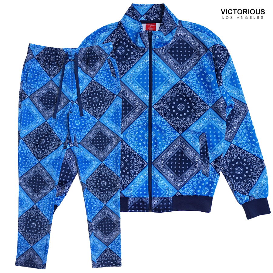 【送料無料】VICTORIOUS LA BANDANA TRACK SET UP【BLUE】(M・L・XL・2XL)(ヴィクトリアス 通販 メンズ 大きいサイズ ジャージ トラック 上下セット ペイズリー PAISLEY バンダナ セットアップ ストリート HIPHOP ヒップホップ)