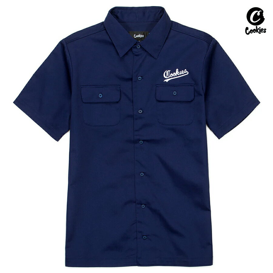 【送料無料】COOKIES IVY LEAGUE CANVAS WOVEN SHIRTS【NAVY】(M L XL)(COOKIES クッキーズ アパレル 服 通販 大きいサイズ ワークシャツ キャンバスシャツ 半袖 ショートスリーブ ボタンシャツ ロゴ)