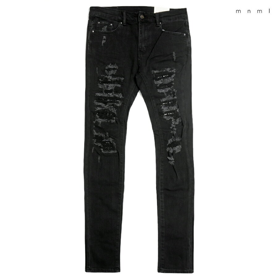 【送料無料】MNML X165 PAISLEY STRETCH DENIM PANTS【BLACK】(30inch 32inch 34inch 36inch)(ミニマル 通販 メンズ 大きいサイズ デニム ジーンズ ダメージ ペイズリー バンダナ BANDANA スキニー)