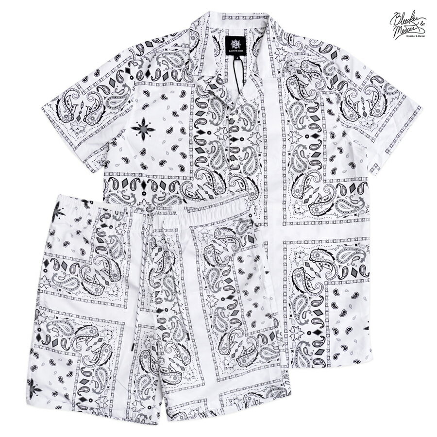 【送料無料】BLEECKER&MERCER PAISLEY WOVEN SHIRTS & SHORTS SET UP【WHITE】(M・L・XL・2XL・3XL)(通販 メンズ 大きいサイズ セットアップ シャツ ショーツ ハーフパンツ 半袖 ショートスリーブ バンダナ ペイズリー BANDANA)