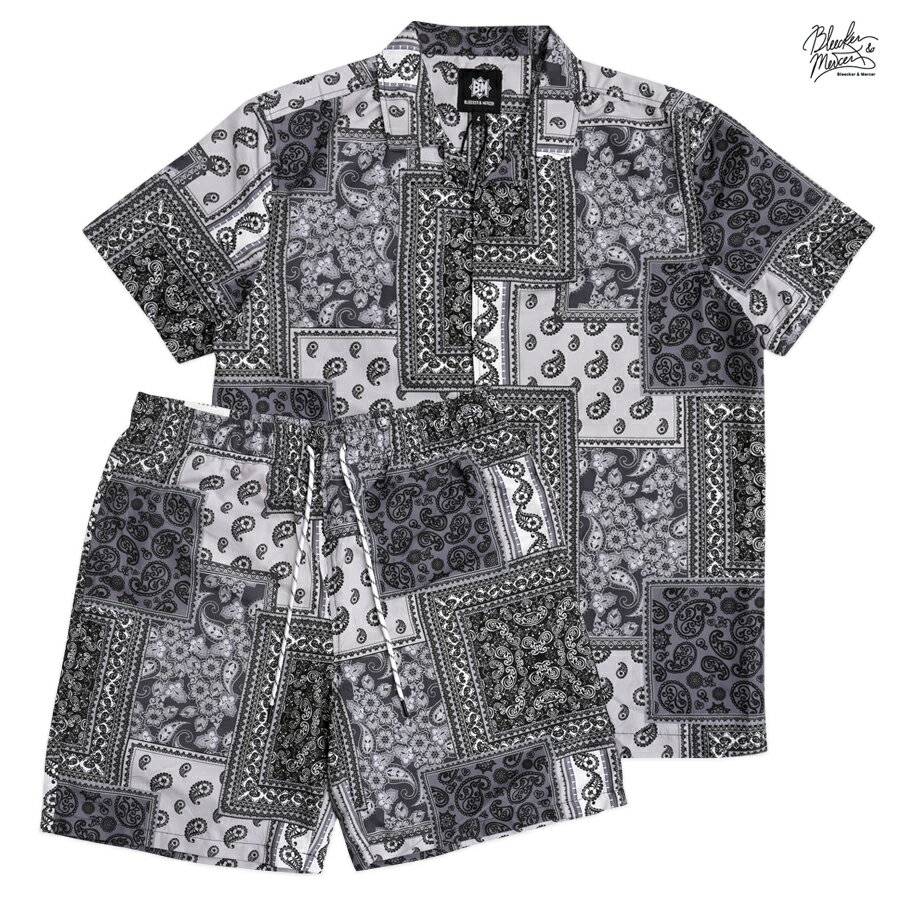 【送料無料】BLEECKER&MERCER PAISLEY WOVEN SHIRTS & SHORTS SET UP【GRAY×BLACK】(M・L・XL・2XL・3XL)(通販 メンズ 大きいサイズ セットアップ シャツ ショーツ ハーフパンツ 半袖 ショートスリーブ バンダナ ペイズリー BANDANA)