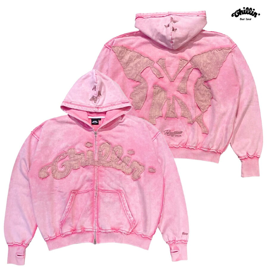 樂天商城 - 【送料無料】CHILLIN NY BUTTERFLY PIGMENT ZIP HOODIE【PINK】(M・L・XL)(チリン 通販 服 大きいサイズ ジップ パーカー スウェット フード フーディー ロングスリーブ 長袖)
