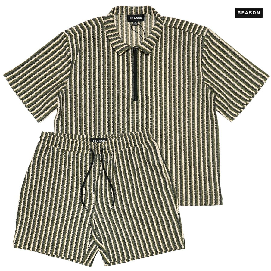 【送料無料】REASON CLOTHING JACQUARD KNIT STRIPED SET UP【OLIVE】(S・M・L・XL)(リーズン クロージング 服 通販 メンズ 大きいサイズ セットアップ 上下セット 半袖 シャツ ショーツ ハーフパンツ ショートパンツ ジャガード ニット サマーニット ハーフジップ)