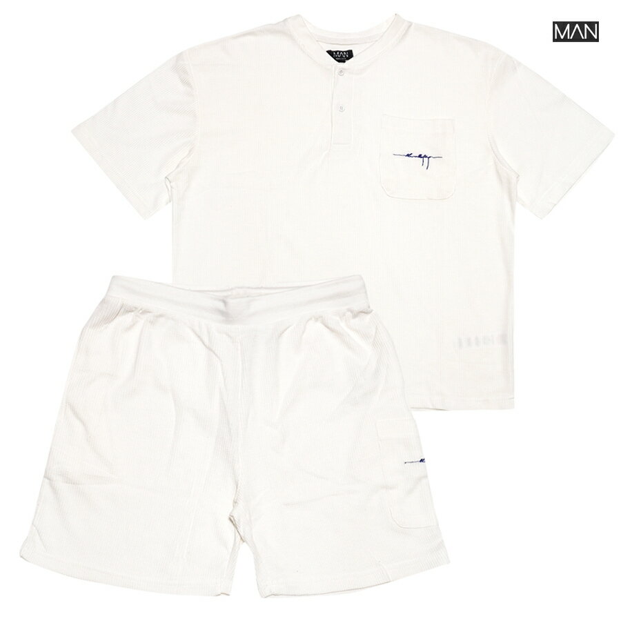 【SPECIAL SUMMER☆送料無料☆ラスト1点】MAN OFFICIAL WAFFLE SET UP【OFF WHITE】(M・L・XL)(通販 メンズ 大きいサイズ セットアップ 上下セット 半袖 ショートスリーブ ハーフパンツ ショーツ ショートパンツ ワッフル地 サーマル地)
