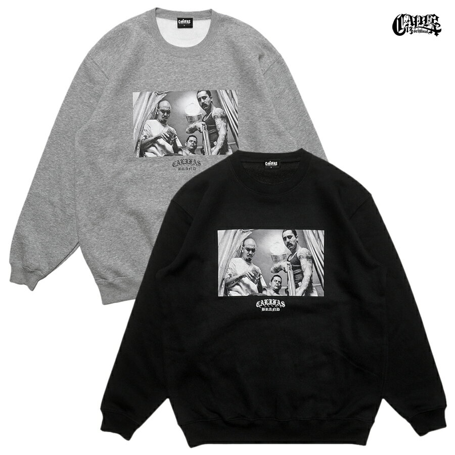 【送料無料】CALIFAS SMILEY CREWNECK SWEAT【BLACK/GRAY】(M・L・XL・2XL)(カリファス オリジナル 通販 服 メンズ 大きいサイズ スウェット ヘビーウエイト 厚手 映画 ムービー TRAINING DAY トレーニングデイ カリフォルニア ロサンゼルス ウエストコースト ロゴ)