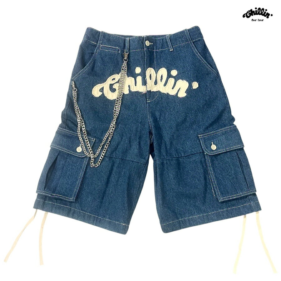 樂天商城 - 【送料無料】CHILLIN DENIM CARGO SHORTS【BLUE】(M・L・XL)(チリン 通販 服 大きいサイズ デニム カーゴ ショーツ ショートパンツ ハーフパンツ ロゴ)