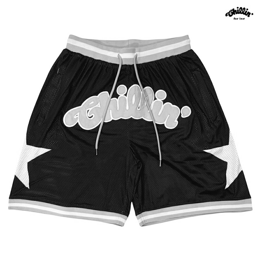 樂天商城 - 【送料無料】CHILLIN BIG BASKETBALL STAR SHORTS【BLACK×GRAY】(M・L・XL・2XL)(チリン 通販 服 大きいサイズ バスケットショーツ ショーツ ハーフパンツ ショートパンツ バスケショーツ メッシュショーツ ロゴ)