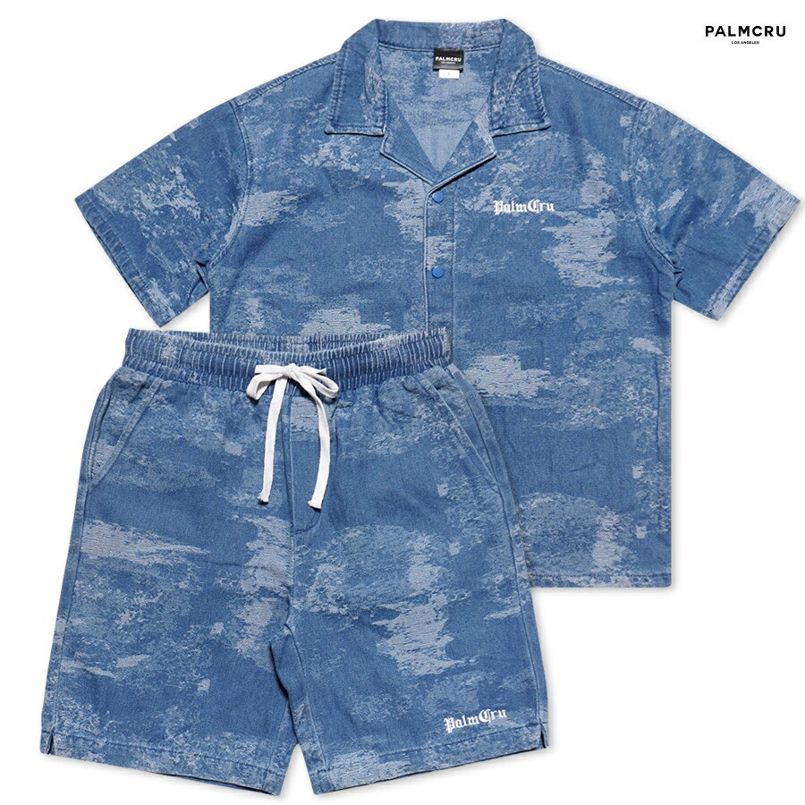 PALM CRU DENIM SHIRT AND SHORT SET UP(M・L・XL)(服 通販 メンズ 大きいサイズ セットアップ 上下セット デニム ボタン シャツ ショーツ ハーフパンツ ショートパンツ)
