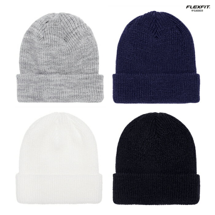 【メール便対応】FLEXFIT RIBBED CUFFED KNIT BEANIE【WHITE/BLACK/GRAY/NAVY】(通販 メンズ レディース 男 女 兼用 帽子 シンプル 無地 ニット帽 ニットキャップ ビーニー 白 黒 紺 グレー ブラック ホワイト ネイビー くるくるビーニー)