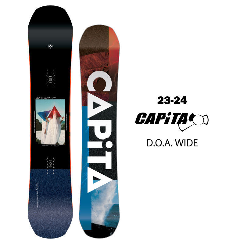 ●ブランド：CAPiTA キャピタ D.O.A. ●商品名：D.O.A. WIDE 進化し続ける人気No.1モデル！ ハイブリッドキャンバーで全てが出来る！ このボードでオールジャンルを制覇！ 独自のハイブリット形状により誰もが オーリーしやすく乗りやすい究極のオールラウンドボード 【 TECH 】 2本のカーボンビーム搭載で、より高く 板のしなりを強化して、ジャンプをより高くし、ターンを加速させる。 抜群の操作性と安定性 独自のハイブリッド形状で、 硬いアイスバーンから柔らかいパウダーまで全てのコンディションで快適に滑れる。 - 超軽量ウッドコア 世界最高質の軽量ウッドを採用 - 驚くほどの速さ 硬くて強い超高密度なソールは、全てのコンディションでしっかりと走る - 高い耐久性 2層構造のガラス繊維と自然由来の オリジナルボンドを使うことでより耐久性がUP ご希望によりプレチューン＆保護ワックスの対応も可能となっております。 プレチューン、ワックスについて 当店は正規販売店です。 【ご確認下さい】 カタログ及びサンプル画像と細部が予期なく変更になる場合がございます。 発売予定後、生産中止になる場合が稀にありますのでご了承ください。 ----------ご注意---------- ご注文後の返品・キャンセル・交換は一切受け付けておりませんので、予めご了承下さい。 モニターによって色の見え方が実物と異なる場合がございます。 他店舗でも販売しておりますので、タイミング悪く売り違える場合がございますのでご了承下さい。 在庫には展示販売品も含まれている場合があります。気になる方はお問い合わせ下さい。 送料無料で送付先が北海道・離島の場合は500円、沖縄の場合は1,000円の別途送料を加算させて頂きますのでご了承下さいますようお願い申し上げます。（税別） 注文時は送料無料となりますが訂正し改めてメールでご案内となりますのでご注意下さい。 メーカー希望小売価格はメーカーカタログに基づいて掲載しています